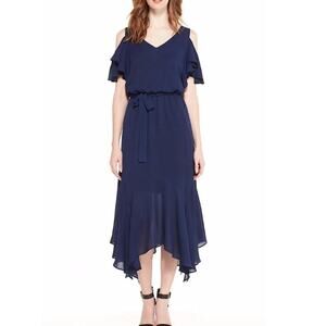Maggy London Dress Size 6 Navy Blue Cold Shoulder Asymmetrical Ruffle Hem Belted